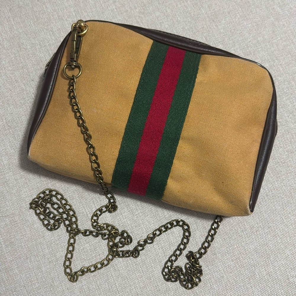 Converted Vintage Pouch-Tan Canvas-Red & Green Stripe Detail-Brassy Link Chain